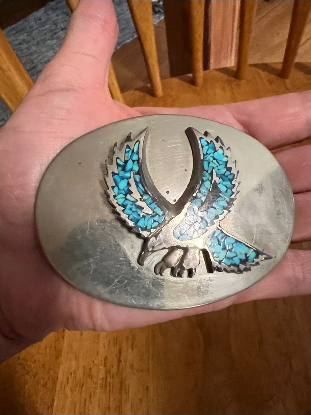 Vintage Western Turquoise Inlay Eagle Oval Belt Buckle